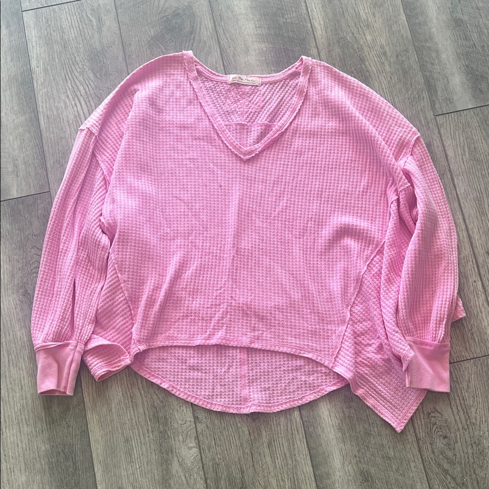 Free People Pink V-Neck Waffle Top long sleeve